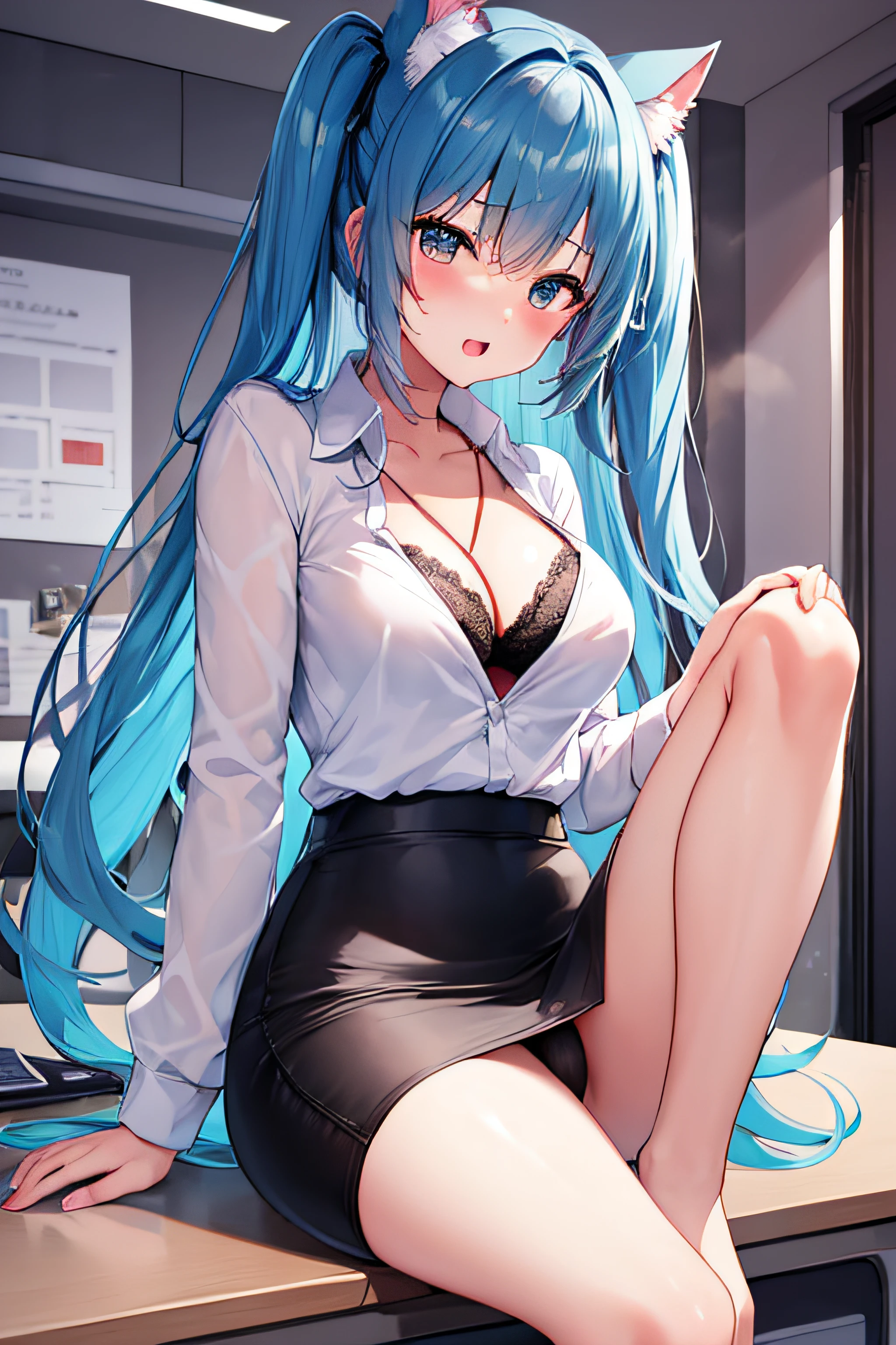 ​masterpiece、Top image quality、超A high resolution、NSFW、miku hatsune、blue hairs、Twin-tailed、Blushing、is in estrus、mock、Open your mouth just a little、White dress shirt with open chest、firm breasts、well-shaped breasts、pencil skirts、spread your legs wide、M-shaped spread legs、lace bra、Lace panties、sitting at office desk with legs wide apart、Office、Night