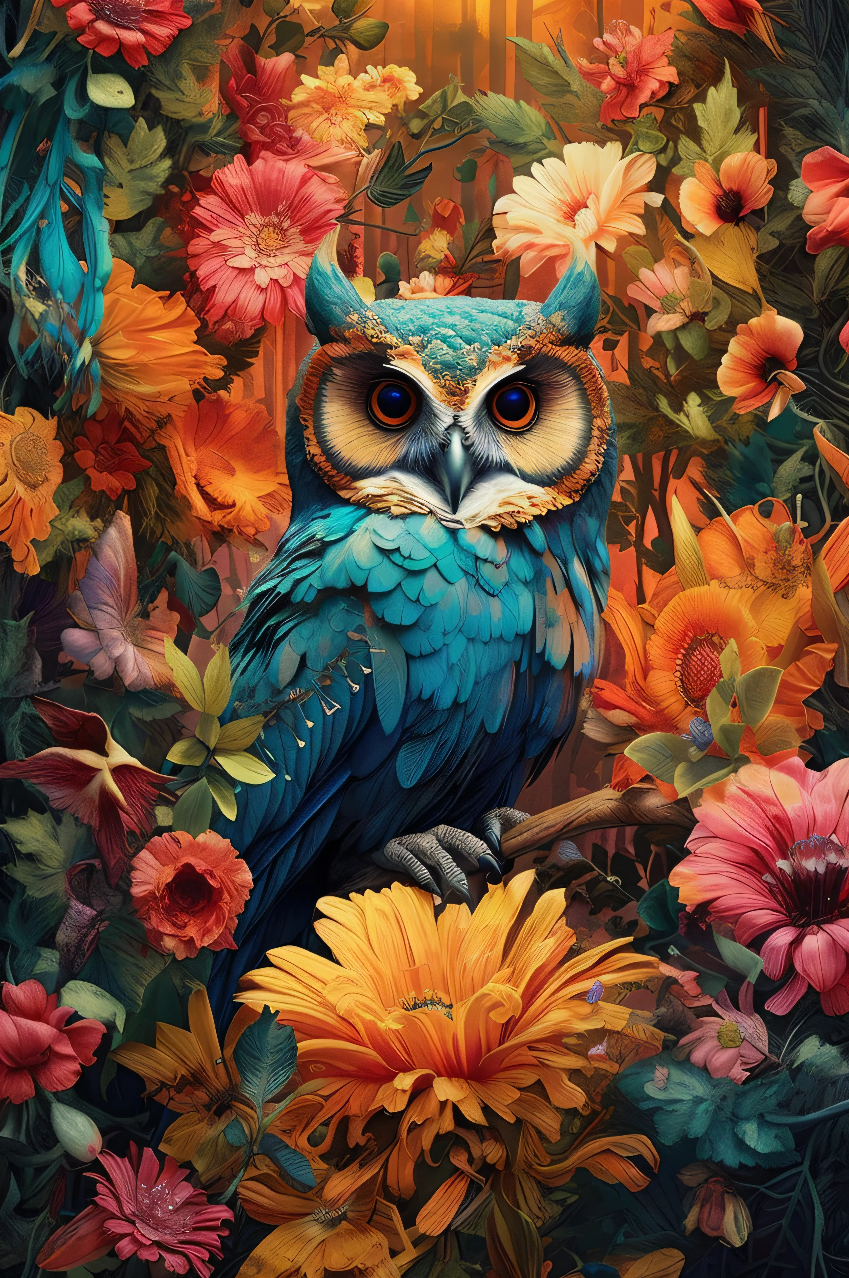 painting of a blue owl sitting on a branch surrounded by flowers, full of colors and rich detail, radiant owl, detailed painting 4 k, 4k highly detailed digital art, 4 k highly detailed art, highly detailed digital artwork, 8k high quality detailed art, beeple and jeremiah ketner, 4k detailed digital art, highly detailed 4 k art