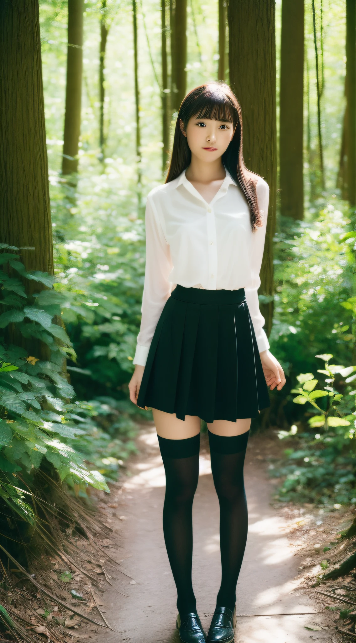 (Best Quality, masutepiece, Ultra HD: 1.3, High brightness, High color saturation), 1girl in, 24 year old,（Beautiful legs:2.0),（Full body figure:2.0）,straight haired, Long hair, （hide one's hands:2.0） See-through white blouse, （Black tight skirt:1.5）,（Black stockings）, (a japanese girl, hposing Gravure Idol), Broad-leaved forest, 135 mm, Fuji Film,