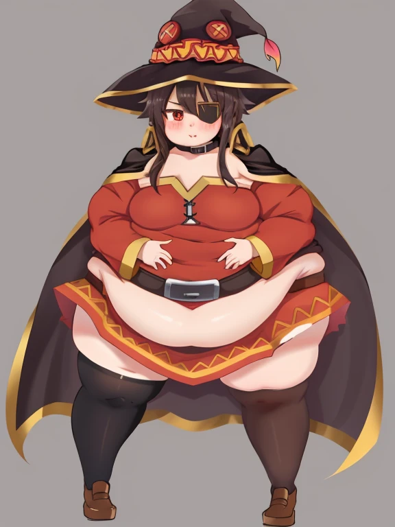 bomber, obese body, megu_outfit_shirt, megu_outfit_cape, megu_outfit_hat, megu_outfit_eyepatch, obese 1girl, small chest, obese belly, big butt, obese arms, big cheeks, fat neck, bandages, belt, black legwear, blush, collar, looking at viewer, red eyes, short hair with long locks, single thighhigh, solo, thighhighs, simple background, skirt pull, pulling skirt down, bent over