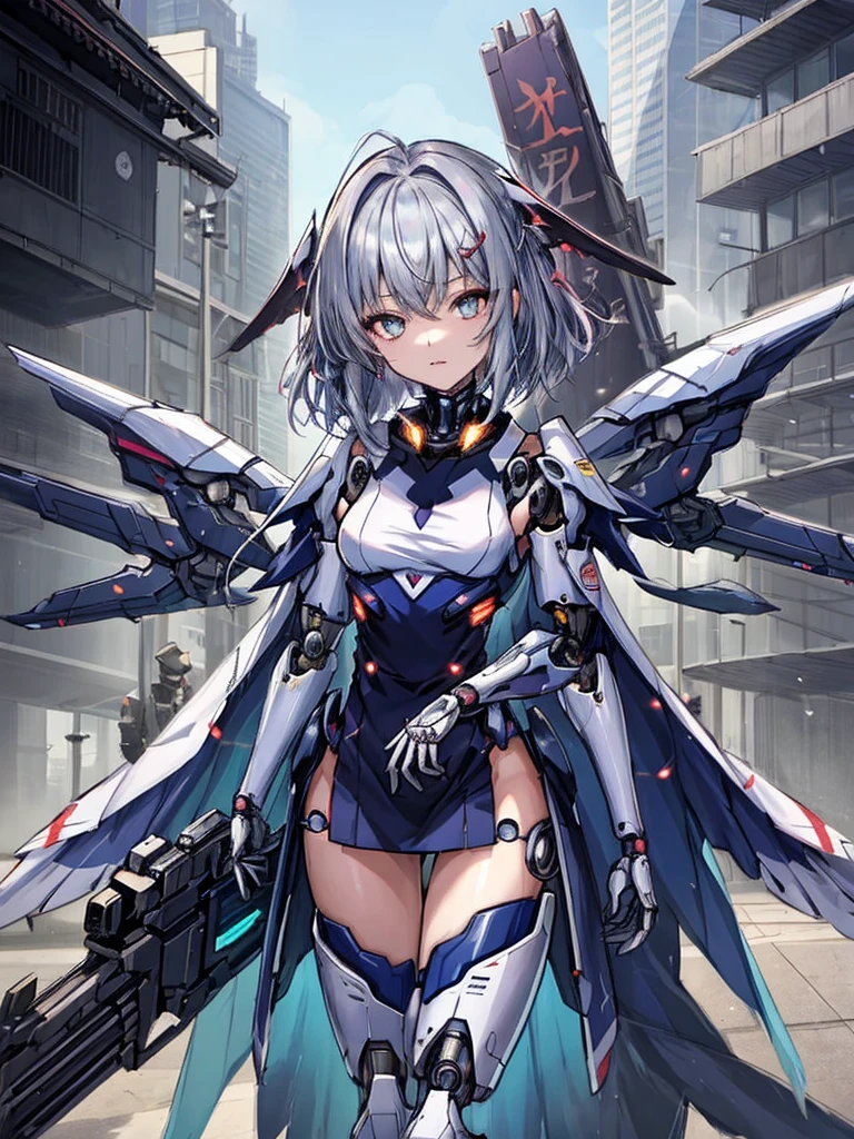top-quality、ighly detailed、​masterpiece、ultra-detailliert、illustratio、((1girl in))、silber hair、length hair、Floating hair、、Cyber City、Neon building、(The upper part of the body:1.05)、extremely_Detailed_Eyes_And_Face,cybernetic wings mechanical wings、Random posture、Skyscraper、、Mechumusume、shrine maiden clothe,maid clothes、Random angles、anime styled,cowboy  shot