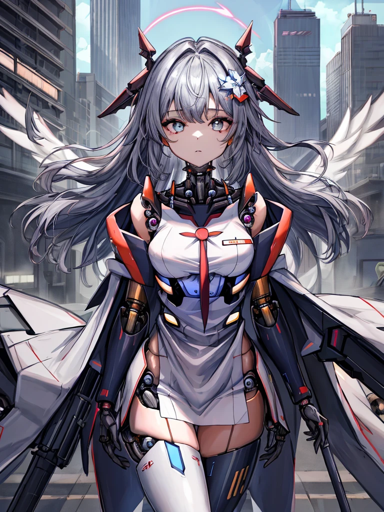 top-quality、ighly detailed、​masterpiece、ultra-detailliert、illustratio、((1girl in))、silber hair、length hair、Floating hair、、Cyber City、Neon building、(The upper part of the body:1.05)、extremely_Detailed_Eyes_And_Face,cybernetic wings mechanical wings、Random posture、Skyscraper、、Mechumusume、shrine maiden clothe,maid clothes、Random angles、anime styled,cowboy  shot