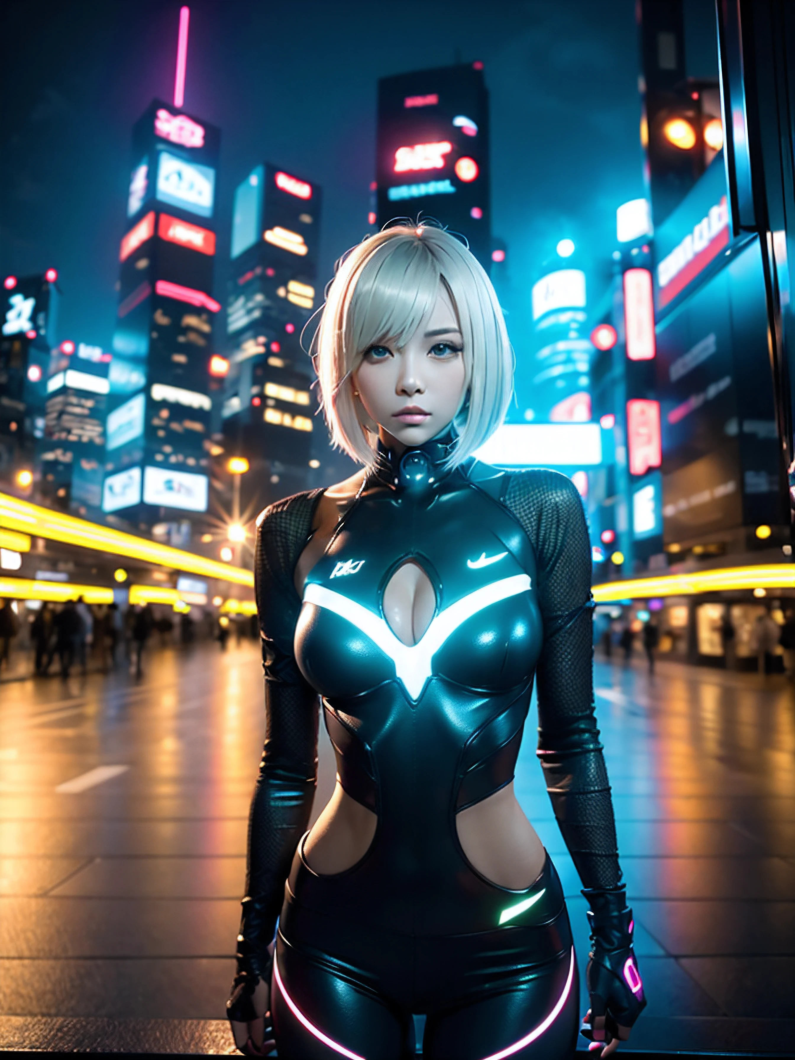 Create highly realistic portraits for your NFT digital art collection. This illustration is、It depicts a female character belonging to a futuristic cyberpunk world.。. Bright neon colored hair and clear blue skin。, Her eyes emit a powerful digital light. The background features a digitized city skyline, And around her, You can see the flow of light and data, intertwined with her presence. A work that embodies the futuristic beauty and mystery of the digital world..