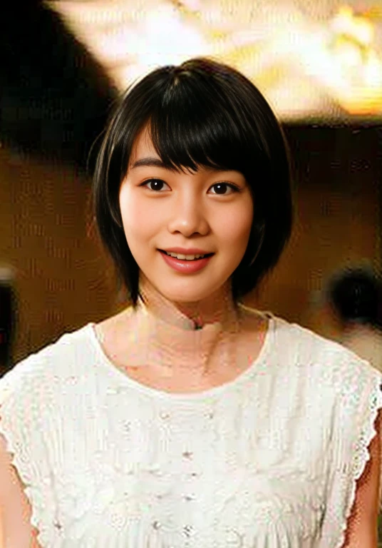 (nudity, explicit, :1.1) masterpiece,best quality,official art,extremely detailed CG unity 8k wallpaper,1girl, like student,pretty,an extremely delicate and beautiful,ultra high res, (photorealistic:1.4), ,golden hour lighting,,(upper body), (platinum short hair:0.8), ((puffy eyes)), looking at viewer, facing front, smiling, laughing, white dress, shirt lift, long black hair