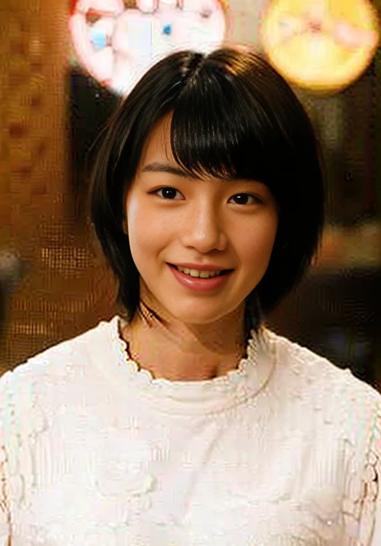 (nudity, explicit, :1.1) masterpiece,best quality,official art,extremely detailed CG unity 8k wallpaper,1girl, like student,pretty,an extremely delicate and beautiful,ultra high res, (photorealistic:1.4), ,golden hour lighting,,(upper body), (platinum short hair:0.8), ((puffy eyes)), looking at viewer, facing front, smiling, laughing, white dress, shirt lift, long black hair