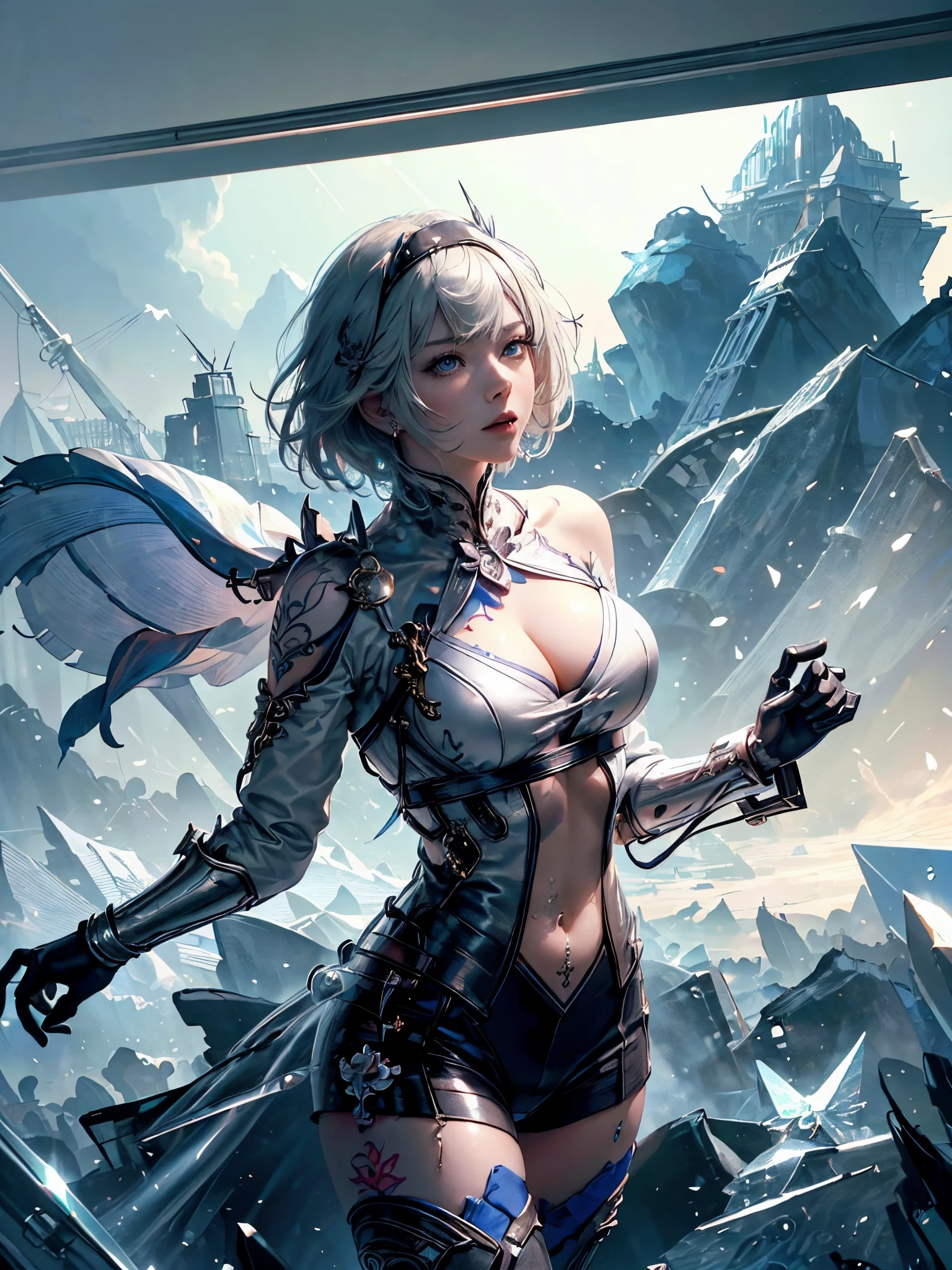 (( (tmasterpiece),(Very detailed CG Unity 8K wallpaper),(bustshot:1.5), best qualtiy,cinmatic lighting,Photorealsitic, 细致背景,Beautifully detailed pupils,(Very fine and beautiful),(Beautiful and detailed eyes description),ultra - detailed,tmasterpiece,hight resolution)), Richly decorated armor, a beautiful woman warrior, Shorthair, Platinum Blonde Hair, cleavage of the breast, (Perfect Anatomy:1.2), (The tattoo:1.3)