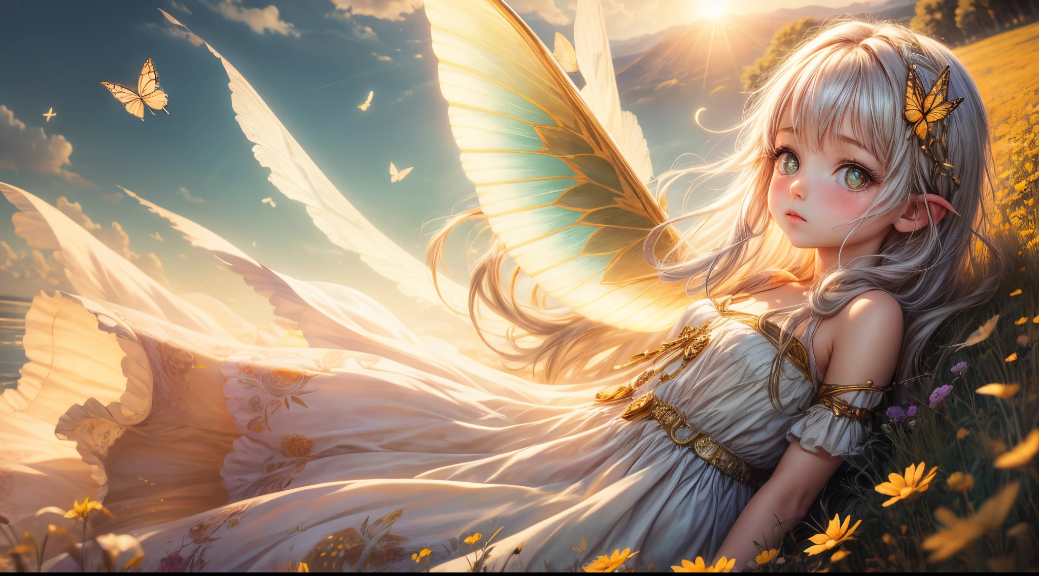 "((Innocent)) girl, golden hour, dreamy meadow, ethereal, whimsical, flowing dress, soft sunlight, enchanting, butterfly wings, (pastel clouds), liquid reflections