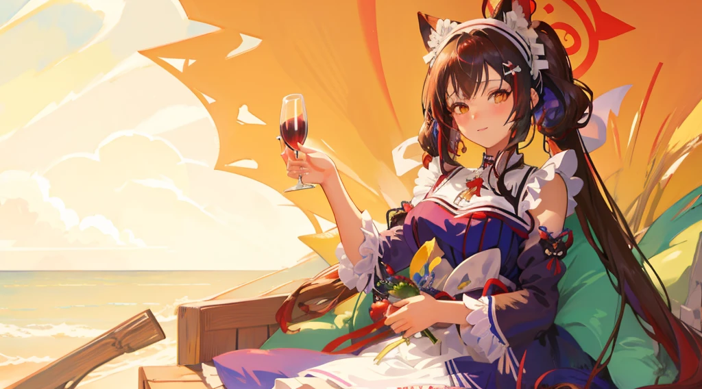 Anime girl sitting on the beach holding a glass of wine, From《Azur route》videogame, gorgeous maid, [ 4K digital art ]!!, azur lane style, of anime girls, From the maiden front, anime girl in a maid costume, finely detailled. Girl Front, best anime 4k konachan wallpapers, change, beautiful attractive anime woman