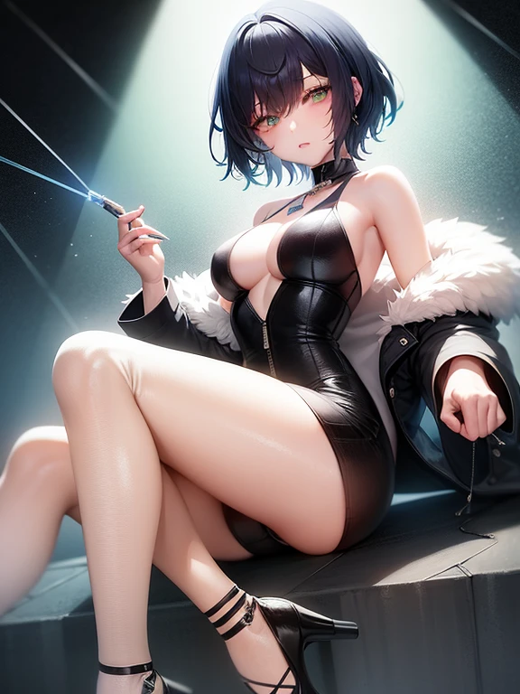 Yelan is a young woman with short blue hair which is similar to Xingqiu's hairstyle and green eyes, she wears a a necklace has a dice on her chest, sleeveless dark outfit with with a white jacket hanging, heeled shoes, and a hydro vision hanging.