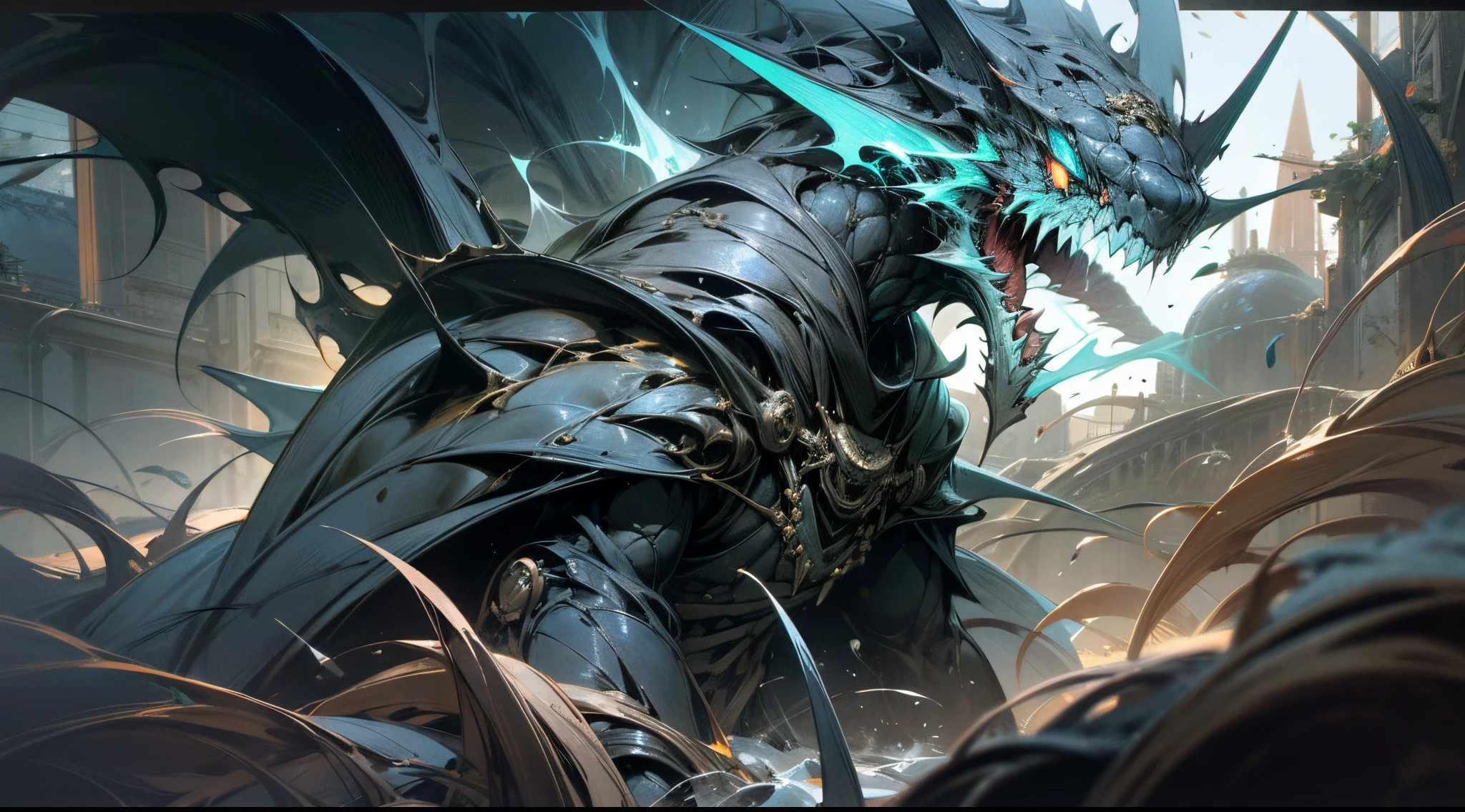 (The pupils burn like flames), (Hideous and vivid details of the monster's face,Vivid details of the monster's face,Extremely detailed depiction of the monster's face:1.1), Mechanized Dragon,surrounded by thick fog, Creepy resonance, Dark and mysterious hues, strong contrasts, Powerful power, refraction of golden light, The texture expressive, digital oil painting effect, Emphasize the main position and posture of the character, Powerful edge-lit effect, Dramatic angles and near effects, Detailed and rugged terrain, it's full of exotic plants, Powerful energy flow effect, Splashing debris and sparks effect mechanically constructed dragon,huge broken weapon,Roaring dragon,Glowing scales,Erupting steam,Black smoke,White scales,Cyan eyes