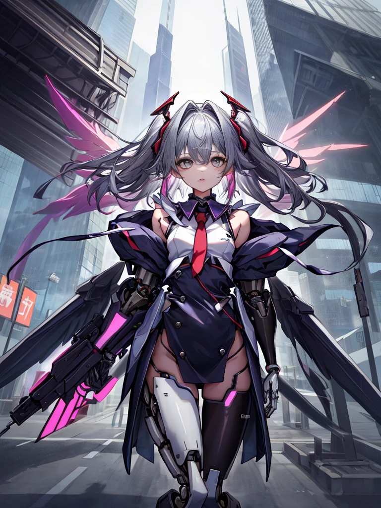 top-quality、ighly detailed、masterpiece、ultra-detailliert、illustratio、((1girl in))、silber hair、length hair、Floating hair、、Cyber City、Neon building、(The upper part of the body:1.05)、extremely_Detailed_Eyes_And_Face,cybernetic wings mechanical wings、Random posture、Skyscraper、、Mechumusume、shrine maiden clothe,maid clothes、Random angles、anime styled,cowboy shot