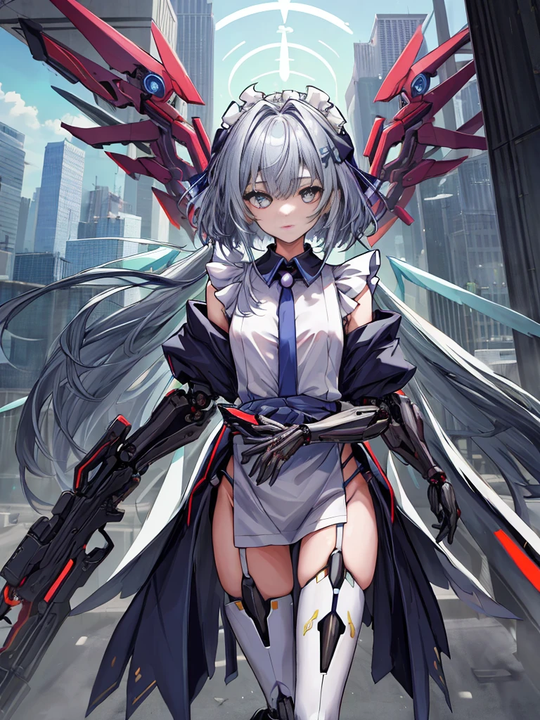 top-quality、ighly detailed、masterpiece、ultra-detailliert、illustratio、((1girl in))、silber hair、length hair、Floating hair、、Cyber City、Neon building、(The upper part of the body:1.05)、extremely_Detailed_Eyes_And_Face,cybernetic wings mechanical wings、Random posture、Skyscraper、、Mechumusume、shrine maiden clothe,maid clothes、Random angles、anime styled,cowboy shot
