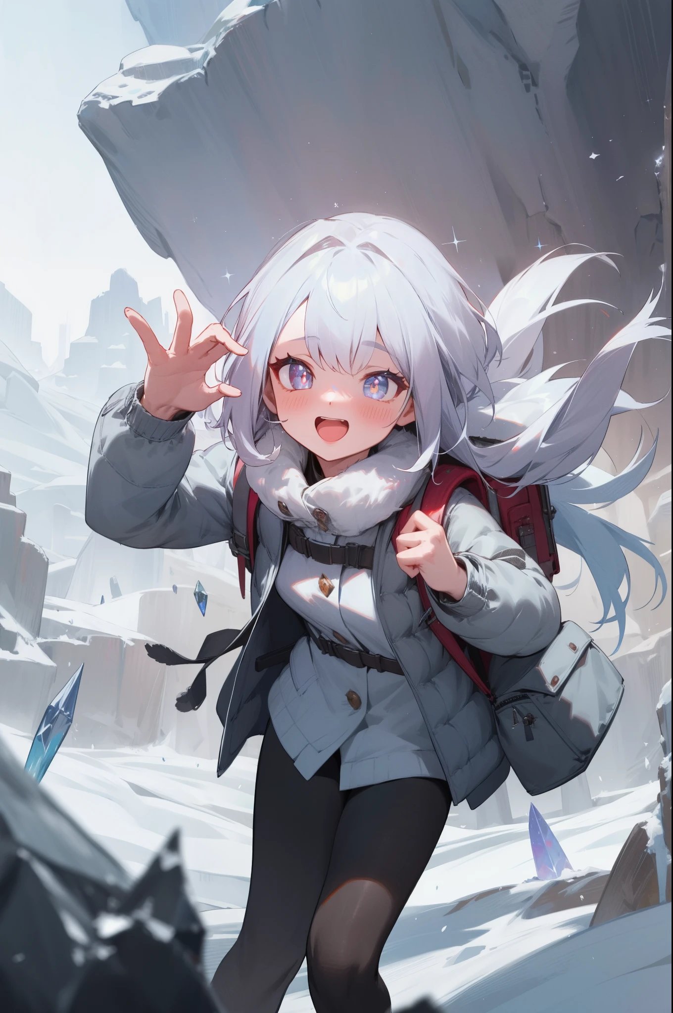 (outdoor, cave:1.2, crystal:1.2, Crystal Caves, cold), 1girl, sparkling pupils, winter coat, black tights, backpack, cold breath, (blush, laugh), masterpiece, best quality, 8k, perfect anatomy