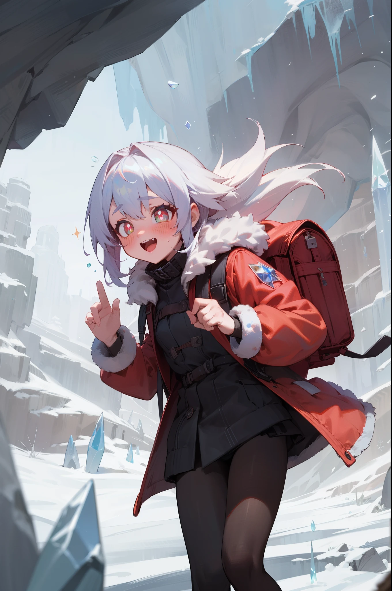 (outdoor, cave:1.2, crystal:1.2, Crystal Caves, cold), 1girl, sparkling pupils, winter coat, black tights, backpack, cold breath, (blush, laugh), masterpiece, best quality, 8k, perfect anatomy
