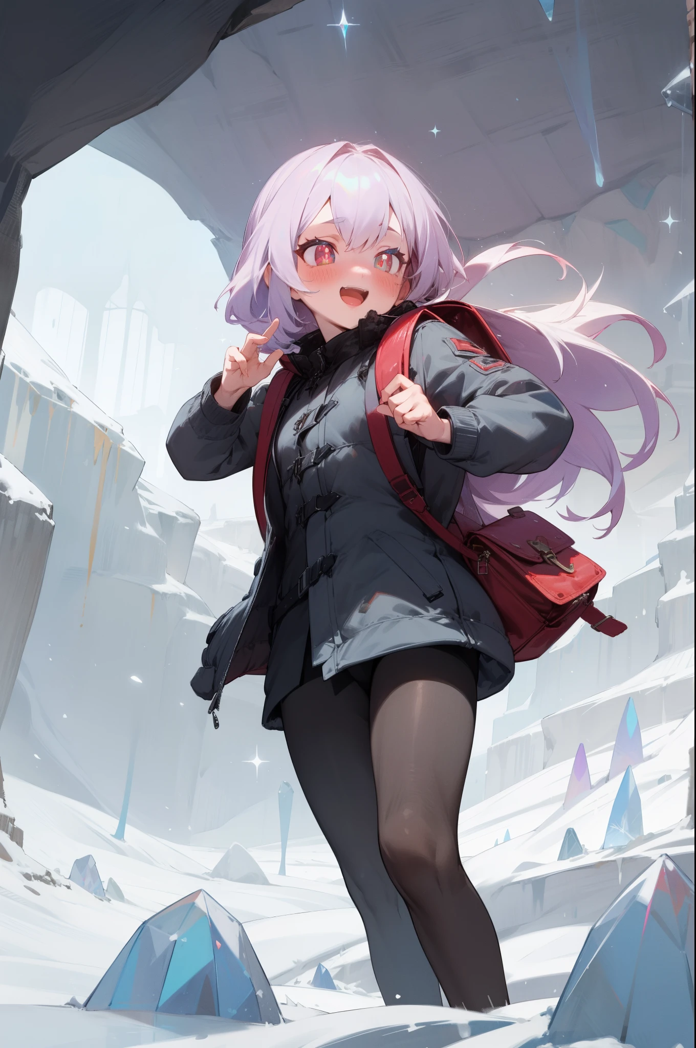 (outdoor, cave:1.2, crystal:1.2, Crystal Caves, cold), 1girl, sparkling pupils, winter coat, black tights, backpack, cold breath, (blush, laugh), masterpiece, best quality, 8k, perfect anatomy