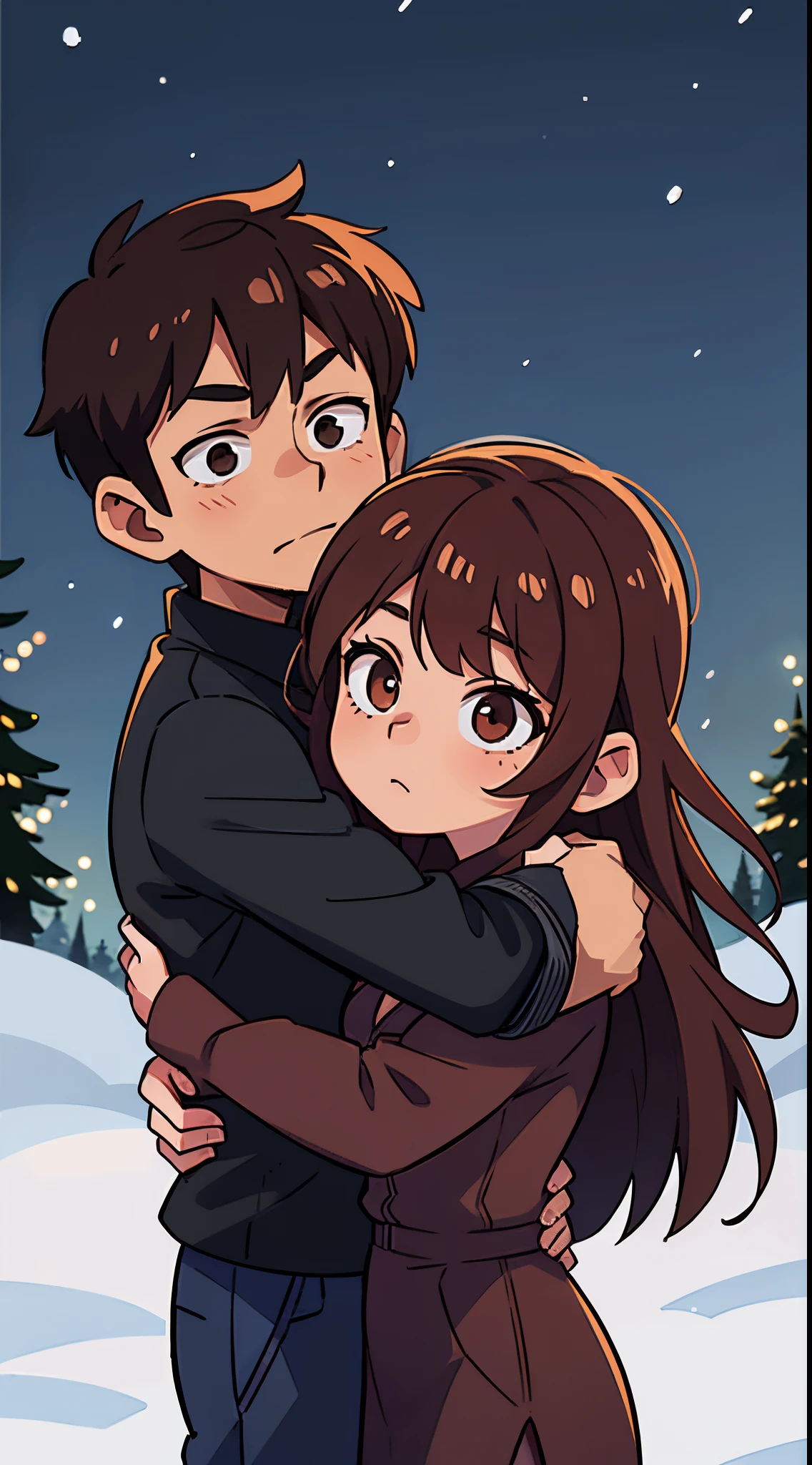 1 male and 1 female , brown hair , black clothes, in snow , night time, hugging