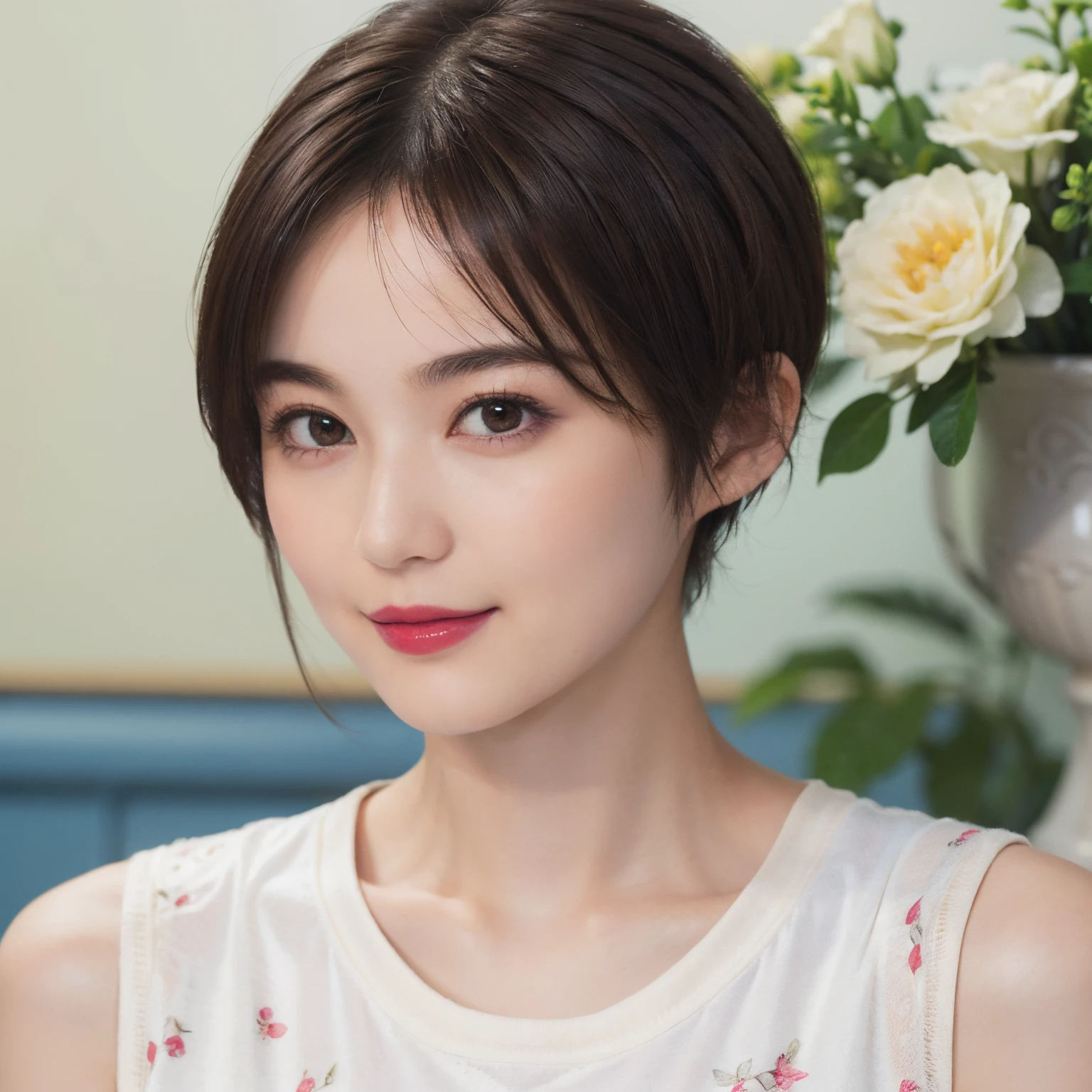 130
(a 20 yo woman,Wearing sportswear), (A hyper-realistic), (high-level image quality), ((beautiful hairstyle 46)), ((short-hair:1.46)), (Gentle smile), (breasted:1.1), (lipsticks), (Large room), (florals), (Painterly)