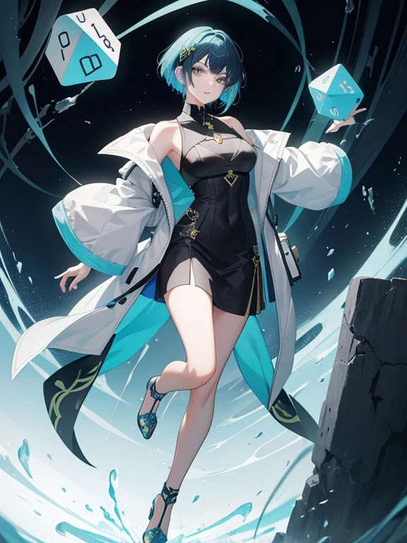 Yelan is a young woman with short blue hair which is similar to Xingqiu's hairstyle and green eyes, she wears a a necklace has a dice on her chest, sleeveless dark outfit with with a white jacket hanging, heeled shoes, and a hydro vision hanging.