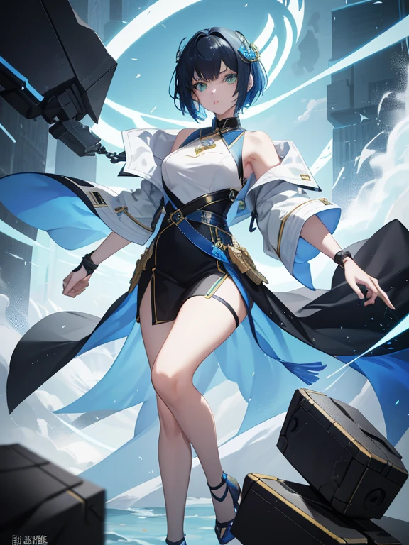 Yelan is a young woman with short blue hair which is similar to Xingqiu's hairstyle and green eyes, she wears a a necklace has a dice on her chest, sleeveless dark outfit with with a white jacket hanging, heeled shoes, and a hydro vision hanging.