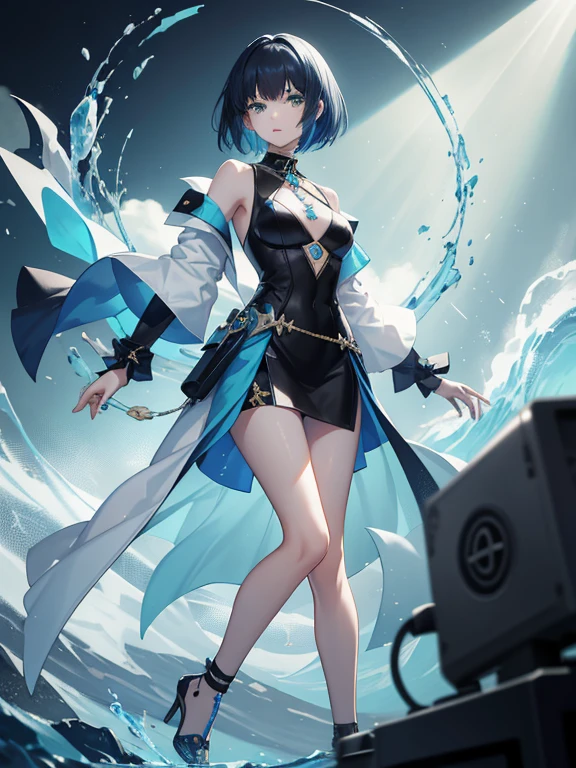 Yelan is a young woman with short blue hair which is similar to Xingqiu's hairstyle and green eyes, she wears a a necklace has a dice on her chest, sleeveless dark outfit with with a white jacket hanging, heeled shoes, and a hydro vision hanging.