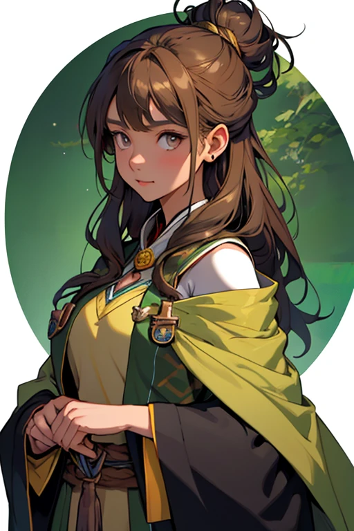 Hogwarts 28 years old woman an she has light brown shoulder-length hair, gray eyes, and black skin. she wears earth wizard clothes with colors of yellow and green. she has a wand she is tall, she is beautiful