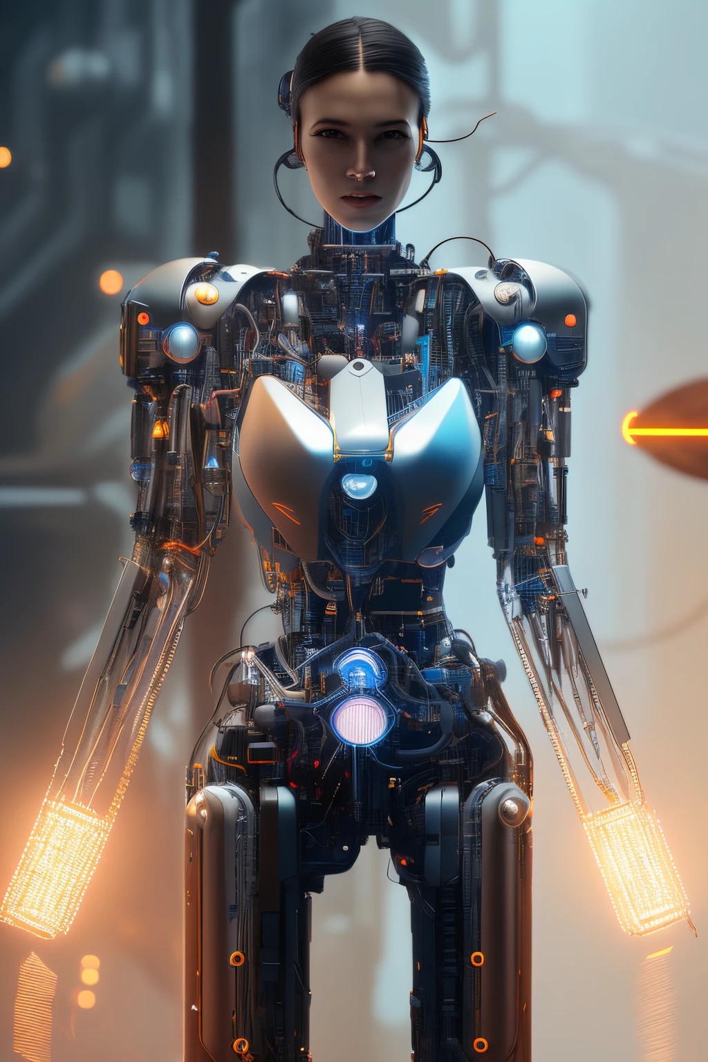full body cyborg| full-length portrait| detailed face| symmetric| steampunk| cyberpunk| cyborg| intricate detailed| to scale| hyperrealistic| cinematic lighting| digital art| concept art| mdjrny-v4 style