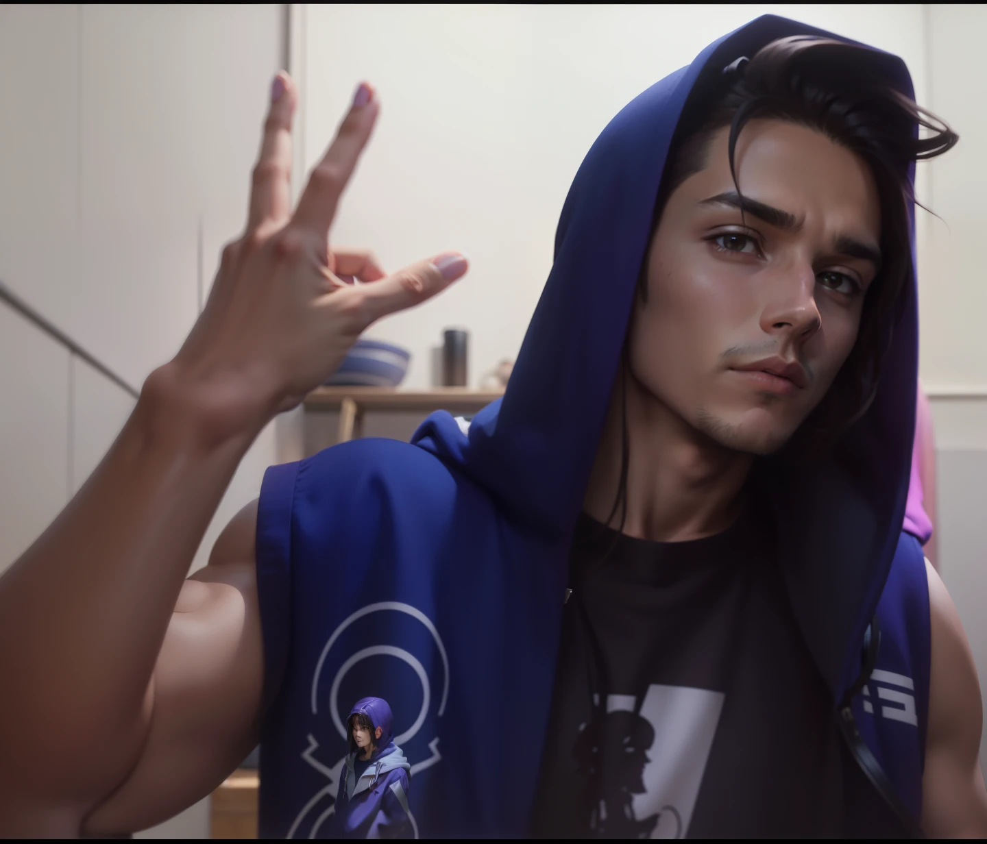 Homem de arte estilo anime, maintaining the original features of the character's face and clothing, um adolescente de 17 anos com cabelos curtos e pele escura. Purple hooded jacket looking at camera straight hair up