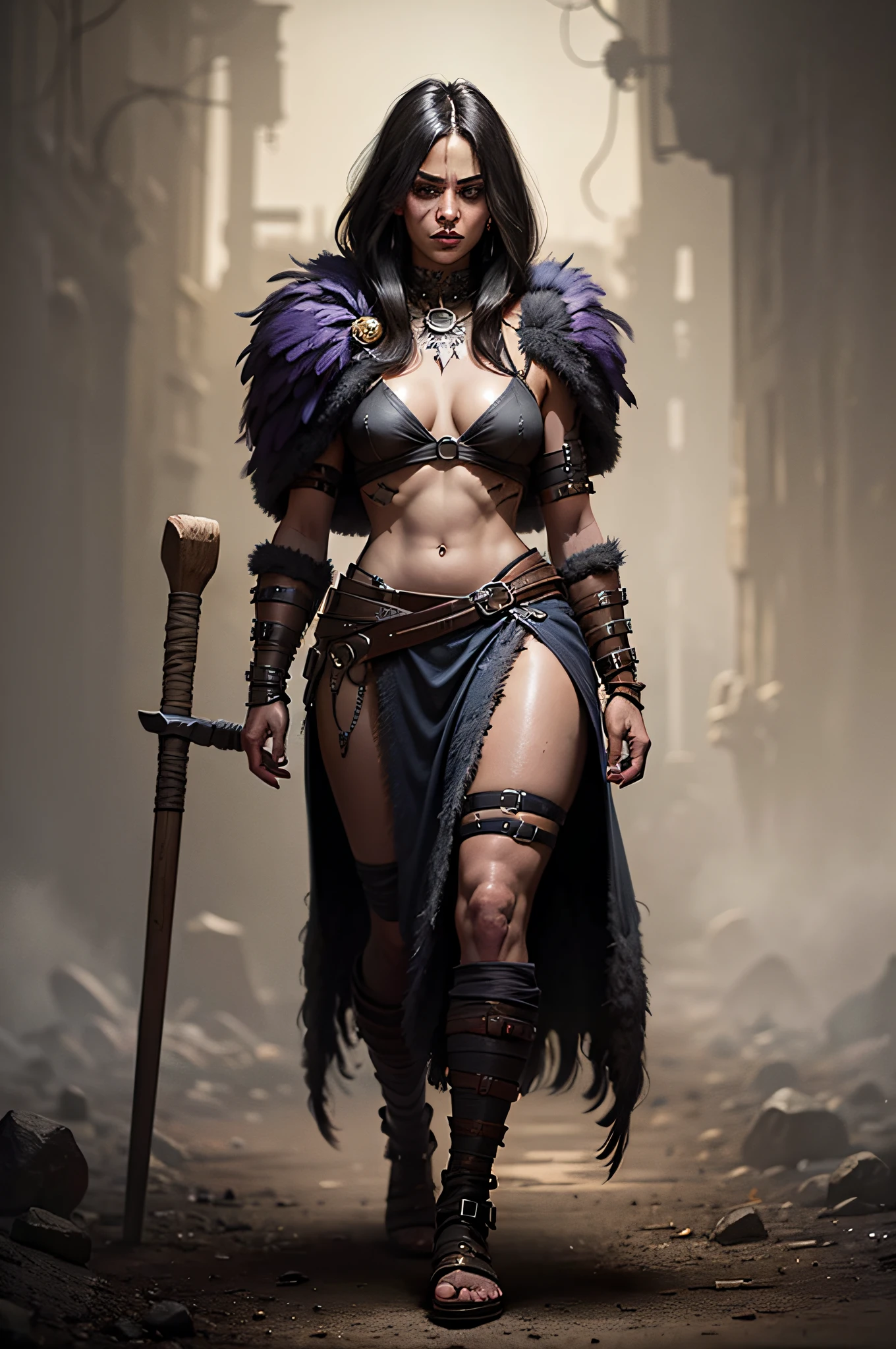 1 female barbarian, raven feather cloak, standing at full height, sideways glance, looking at the viewer, in the style of D14bl0, on a blank background