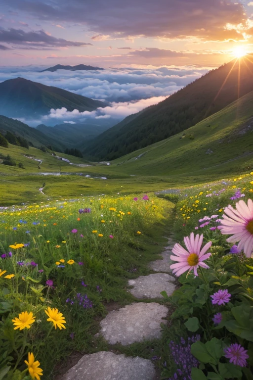 Far Mountain、Cloud fog、Contre-Jour、There are wild flowers on the ground nearby，There are rocks on both sides