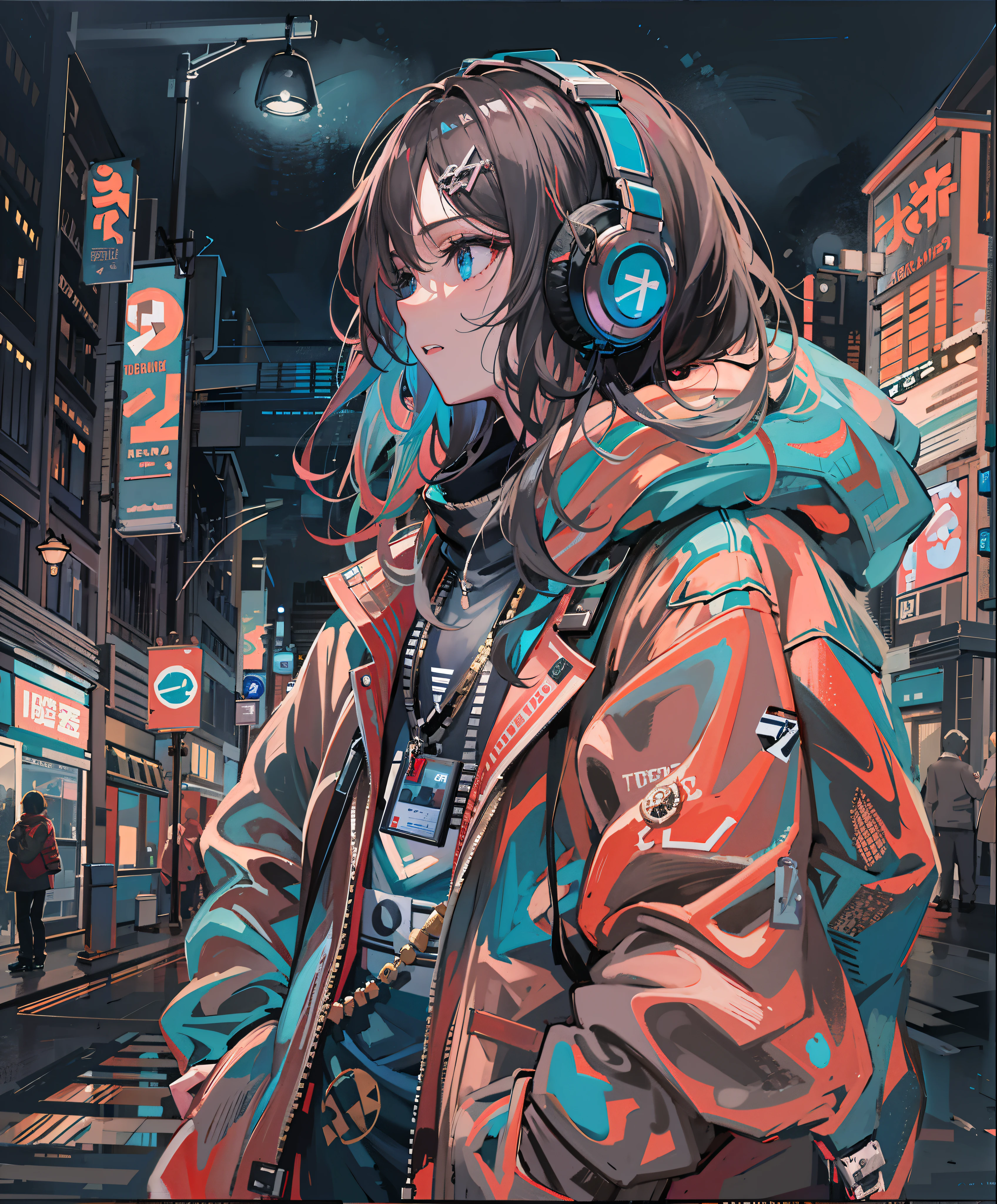 tmasterpiece、1人の女性、独奏、Incredibly ridiculous、Parka、Earphone、the street、allure、Sateen、neonlight、Vivid eyes、hands in a pocket