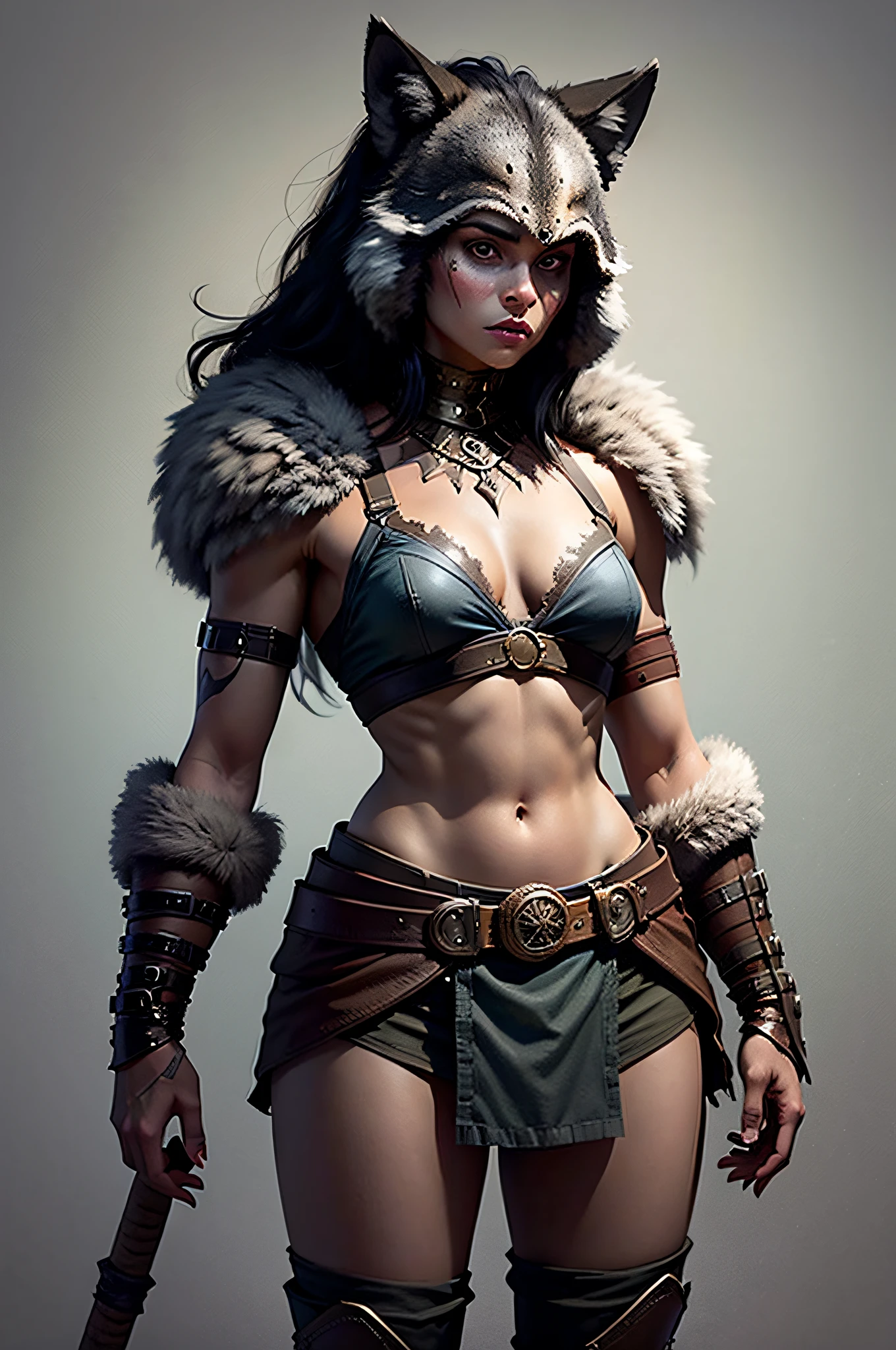 ****ung female barbarian, ************, Wolf Skin, wolf skin shoulder pads, standing at full height, sideways glance, looking at the viewer, in the style of D14bl0, on a blank background