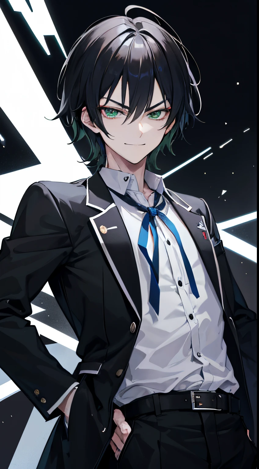 A man, solo, gantleman, night, wearing a Korean high school uniform, black hair, Sharp hair, green eyes, badass, smirk, flow of magic surrounding his body