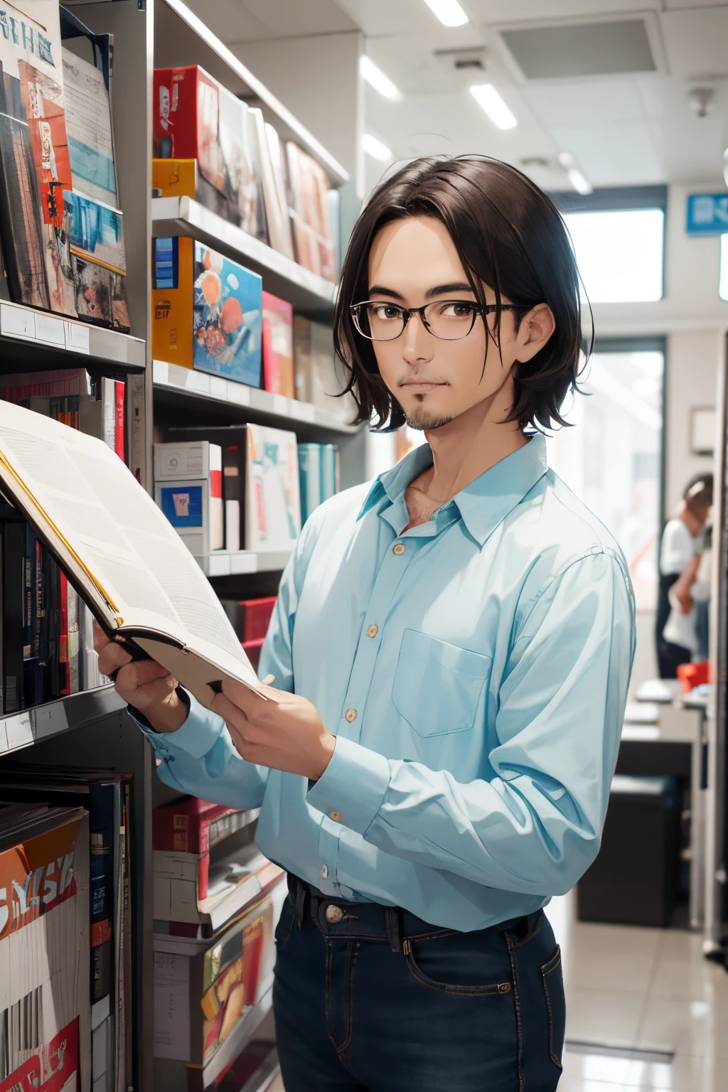 1man, middle-aged, light-bearded, light-brown skin, short black hair, dark brown eyes, wearing plain turquoise shirt, denim pants, wears reading glasses, high res, ultrasharp, 8k, masterpiece, looking at viewer, otaku