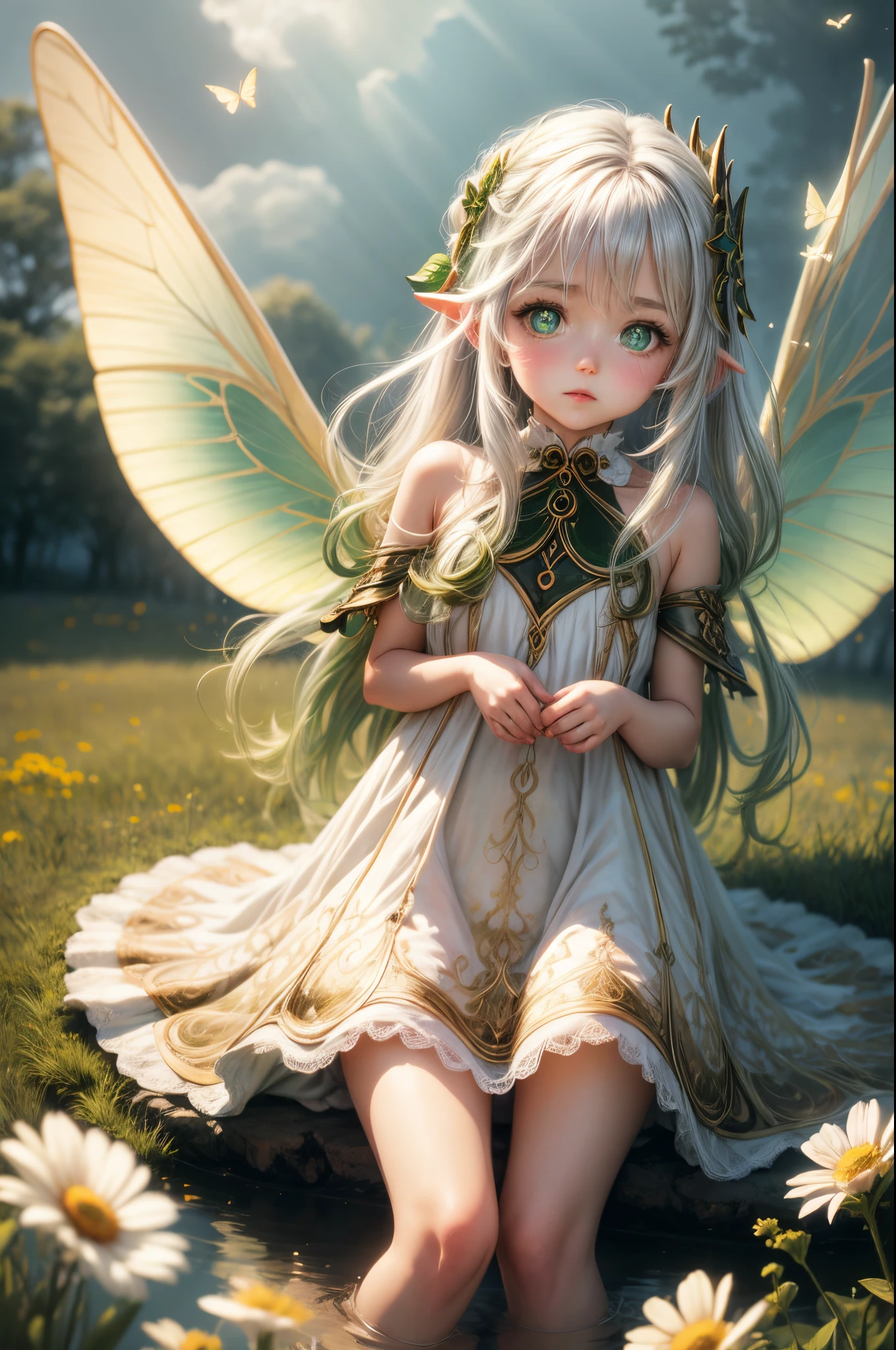 "((Innocent)) girl, golden hour, dreamy meadow, ethereal, whimsical, flowing dress, soft sunlight, enchanting, butterfly wings, (pastel clouds), liquid reflections