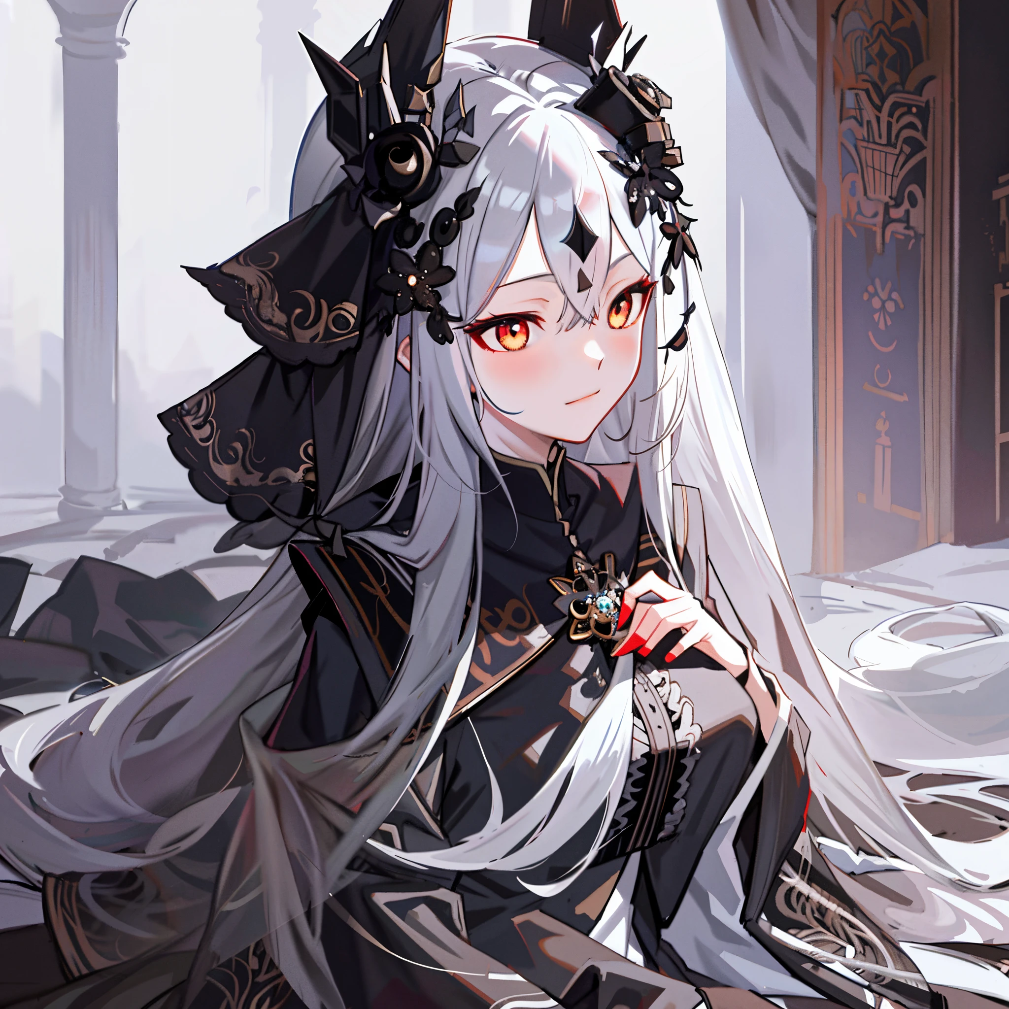 animemanga girl,long white hair,black color dress,sit on a bed, guweiz on pixiv artstation, guweiz on artstation pixiv, from the night of the ark, white-haired god, Popular topics on artstation pixiv, Guweiz style artwork, guweiz, gothic maiden anime girl, best anime 4k konachan wallpapers