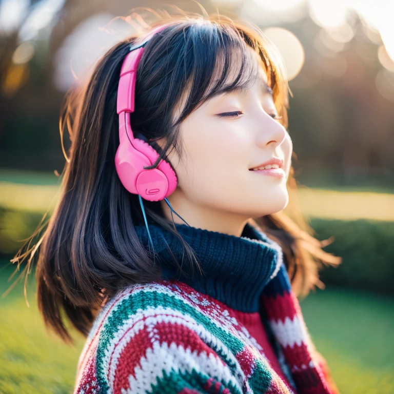 An ultra-high picture quality、Perfect Photo、japanes、japanese beauty girl、14years、((((profile))))、(((closing eye)))、Winter clothes、christmas lights lawn earmuffs eyes、A dark-haired、Layer Hair、Open your mouth a little、look up sky、