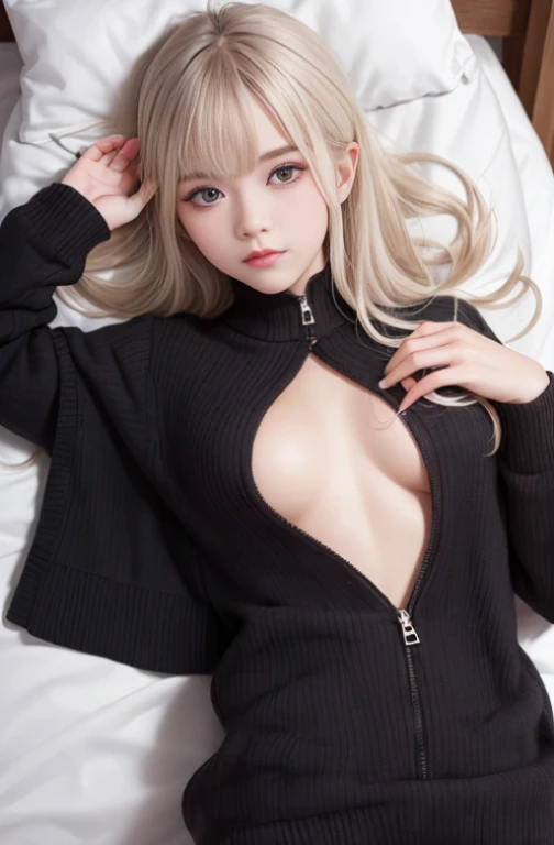 perfect anatomy, masterpiece, best quality, extremely detailed, (beautiful skin:1.1), beautiful eyes, perfect face, a innocent girl, very cute face, pure face, idol, platinum silver hair, long hair, embarrassed, blush, (lying, on back on the bed:1.5), portrait, close up chest, from above,