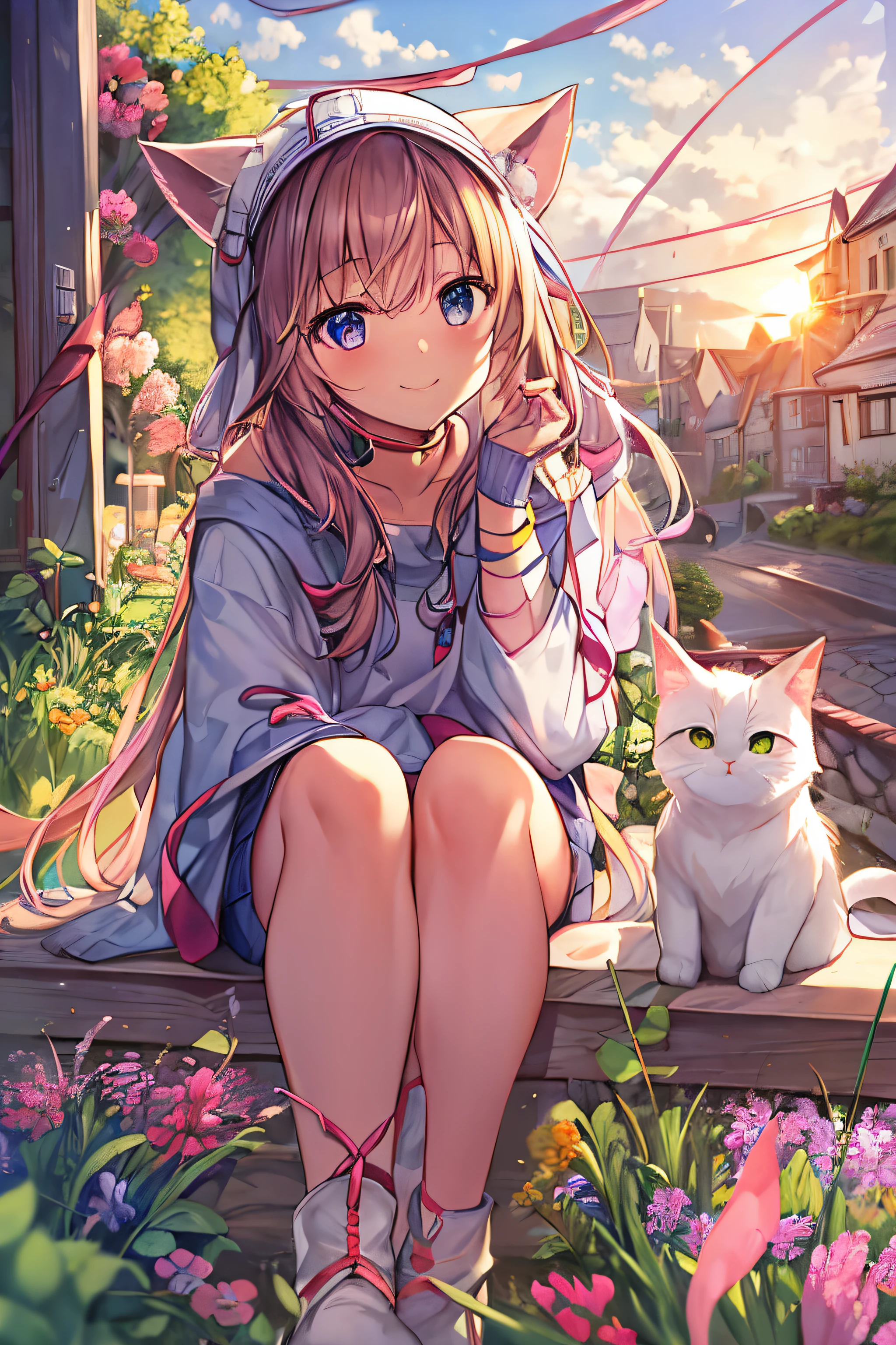 Relaxed style, Warm atmosphere, masterpiece, bestquality, Exceptionally beautiful face and eyes, Girl with, Anime style, (girl looking at the sky), (A pleasant breeze and a beautiful sky.), spring, Seated, Small cats, Suns, Wildflowers, romper, Rivulets, small bridge, relaxed smile, distant city scenery
