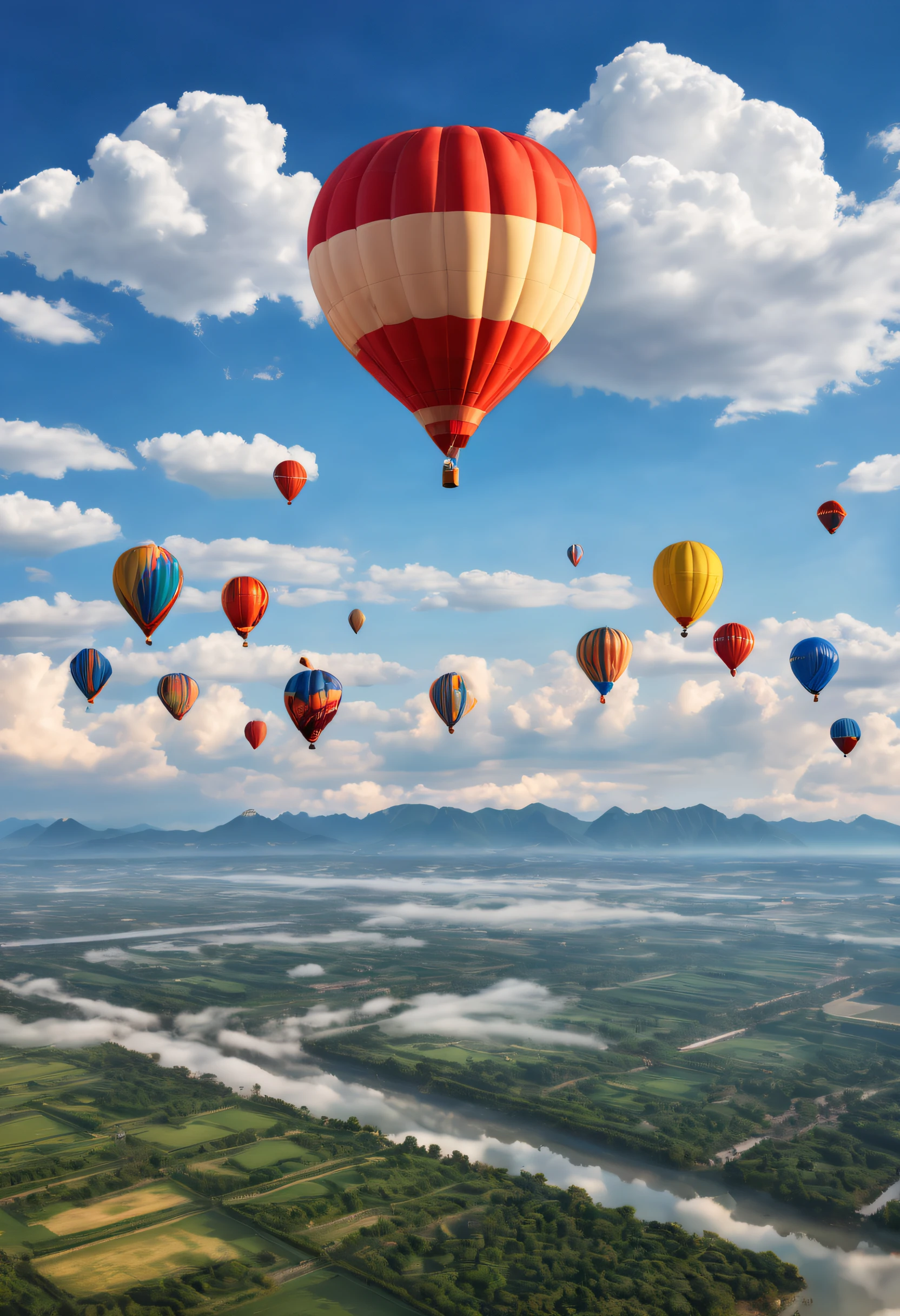 Clouds form the shape of a hot air balloon,It consists of ten baskets of huge cloud-like balloons and fine clouds in the sky,sun baked,without humans,Dream Love Cloud,blue-sky