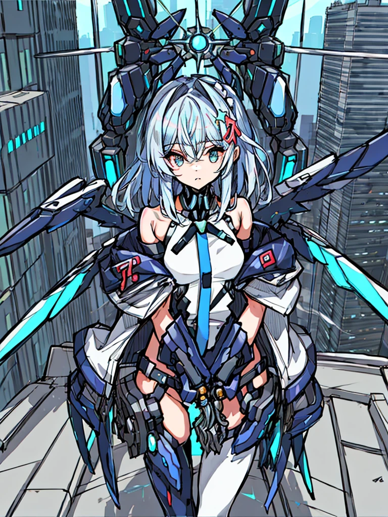 top-quality、ighly detailed、masterpiece、ultra-detailliert、illustratio、((1girl in))、silber hair、length hair、Floating hair、、Cyber City、Neon building、(The upper part of the body:1.05)、extremely_Detailed_Eyes_And_Face,cybernetic wings mechanical wings、Random posture、Skyscraper、、Mechumusume、shrine maiden clothe,maid clothes、Random angles、anime styled,cowboy shot