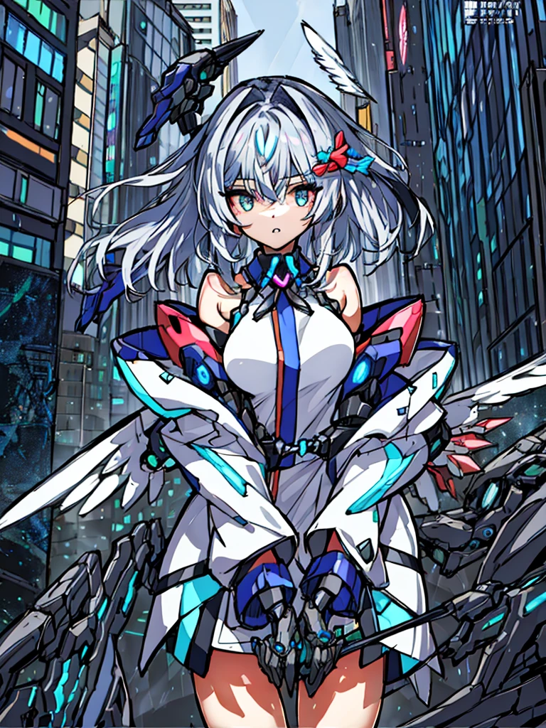 top-quality、ighly detailed、masterpiece、ultra-detailliert、illustratio、((1girl in))、silber hair、length hair、Floating hair、、Cyber City、Neon building、(The upper part of the body:1.05)、extremely_Detailed_Eyes_And_Face,cybernetic wings mechanical wings、Random posture、Skyscraper、、Mechumusume、shrine maiden clothe,maid clothes、Random angles、anime styled,cowboy shot