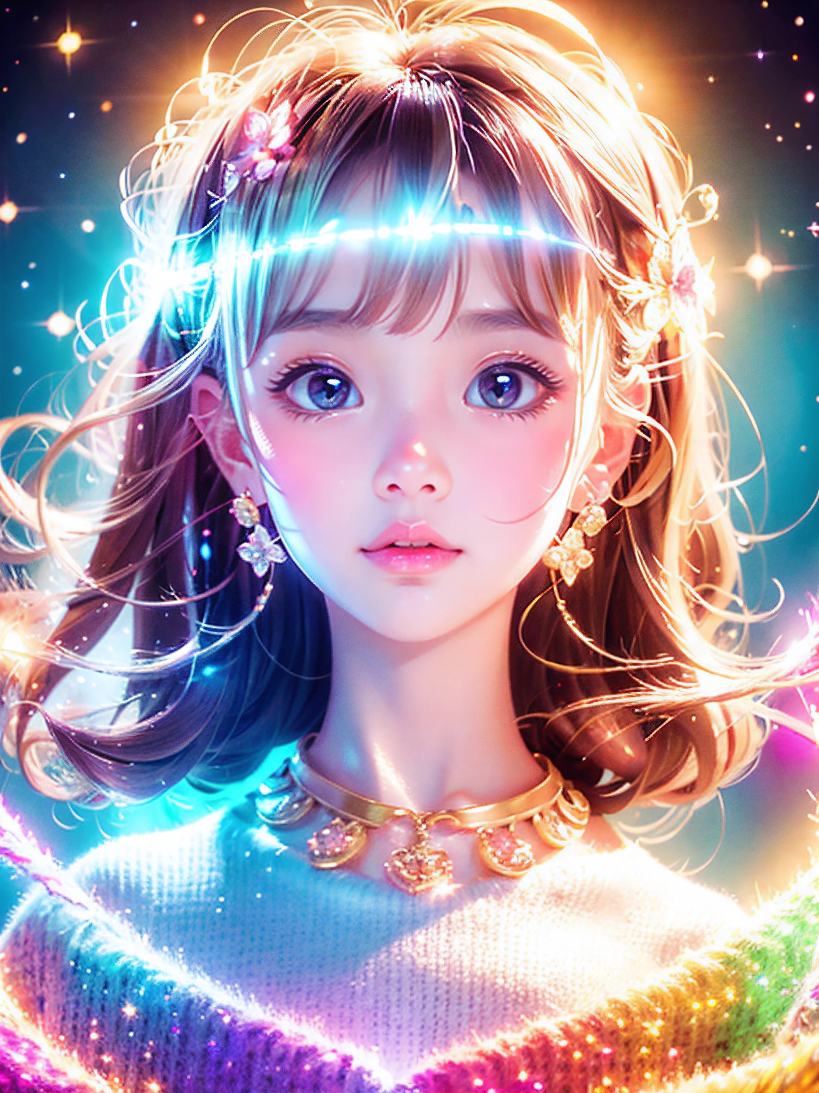 Create an AI illustration of a fascinating and cute young girl, Perfect for NFT collections. she must be big, Expressive eyes with a mixture of innocence and curiosity. Her hairstyle is playful and quirky, Probably soft curls、It may come with unique accessories such as ribbons or flowers.. Her costumes are a blend of fantasy and modern fashion, Characterized by its brightness, Pastel colors and imaginative elements add a touch of magic. The background must be dreamy and fantastic, With elements like floating bubbles, Stars, or soft light. The overall tone of the illustration is fun and heartwarming., Stir the viewer&#39;s imagination、Designed to evoke a sense of wonder and delight。.