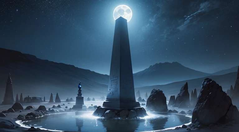 A blue moon, a very large hot spring in the center, vegetation, an obelisk-like stone in the center, a cloudless sky, night, steam, no people, large rocks around, moonlight, an angle of view that looks up, Lassen's painting style.