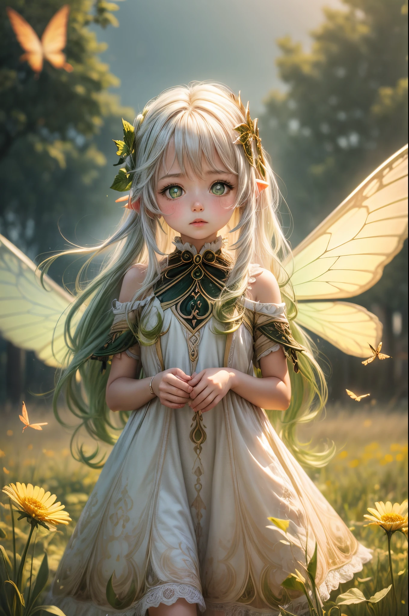 "((Innocent)) girl, golden hour, dreamy meadow, ethereal, whimsical, flowing dress, soft sunlight, enchanting, butterfly wings, (pastel clouds), liquid reflections