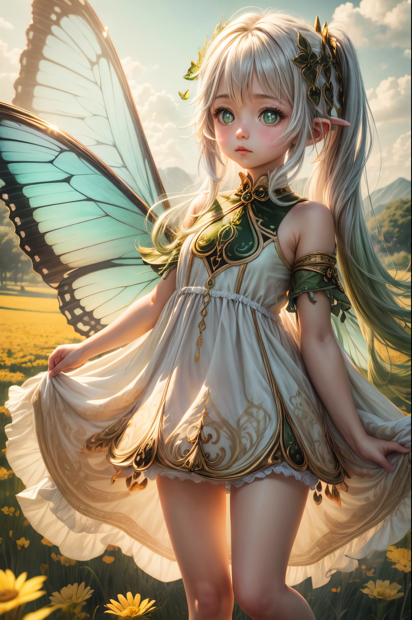 "((Innocent)) girl, golden hour, dreamy meadow, ethereal, whimsical, flowing dress, soft sunlight, enchanting, butterfly wings, (pastel clouds), liquid reflections