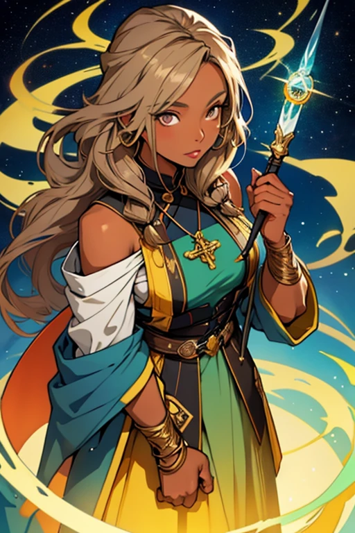 28 years old woman teacher an she has light brown shoulder-length hair, gray eyes, and black skin. she wears earth wizard clothes with colors of yellow and green. she has a wand she is tall, she is beautiful