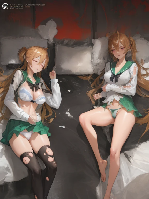 (lying on the bed), Are sleeping、lying on one's side、closed her eyes、((((High leg panties taken off to the knees))))、((Eight-headed body))、Female one、Green sailor color、White shirt、Green skirt、thigh-high socks、poneyTail、high waist skirt、a black ribbon、long、Bloods、terrifying、ripped clothing、torn legwear、((torn shirt and bra and torn skirt))、、Surrounded by、zombie、、masterpiece、top-quality、A highly detailed