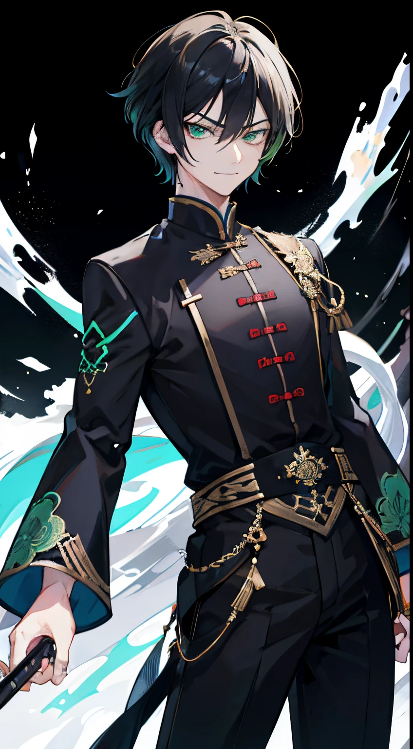 A man, solo, gantleman, black background, wearing a Chinese clothes, black hair, short hair, green eyes, badass, smirk, flow of magic surrounding his body