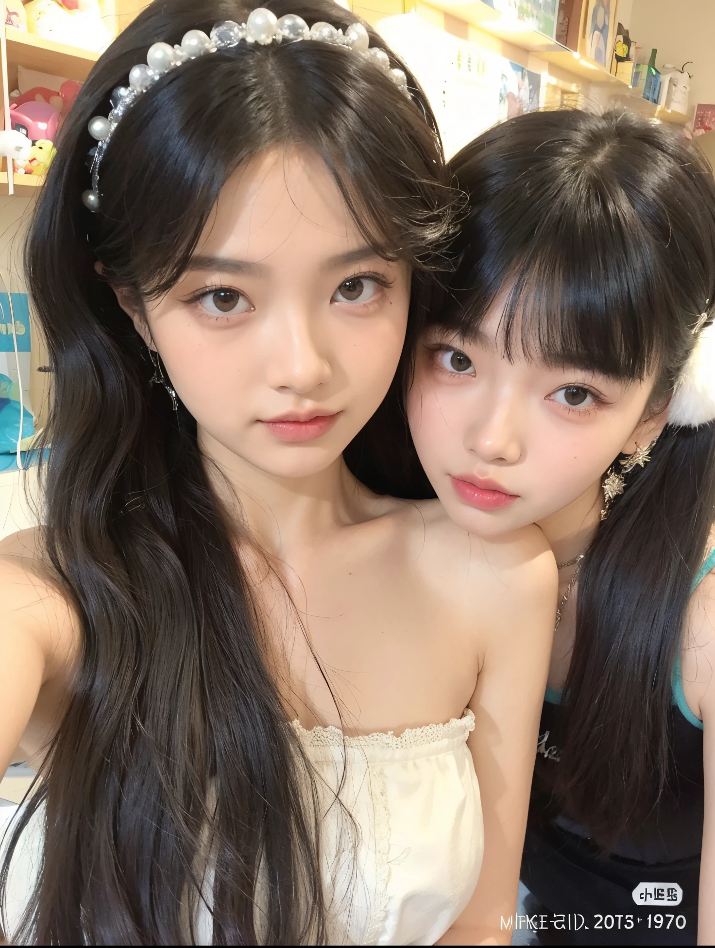 Two young girls with long hair and tiables posing for a photo., ulzzang, Lalisa Manobal, Blackpink Jennie, Ella tiene el pelo negro con flequillo, con negro, tumblr, 8k)), Jaeyeon Nam, Sha Xi, Lalisa Manoban de Blackpink, Imagen filtrada, jesus christ, Jossi de Blackpink