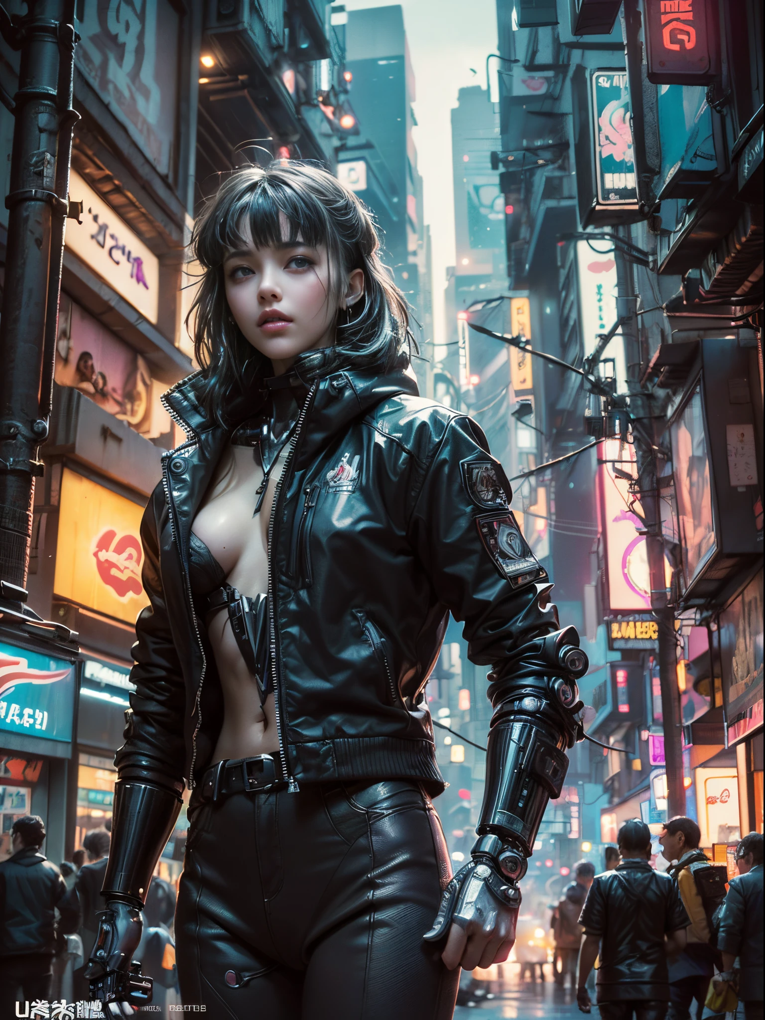 ((Masterpiece stunning Anime illustration)), ((extremely delicate and beautiful cybernetic girl)), ((highly detailed face)), ((mechanical limb, mechanical vertebrae)), ((mechanical cervical attaching to neck)), (wires and cables attaching to neck:1.2), ((mass of wires and cables on head)), ((wearing colorful Harajuku tech jacket with logo)), (dynamic pose), ((cowboy shot)), (masterpiece), (((best quality))), ((ultra-detailed)), (highly detailed photorealistic CG illustration), cinematic lighting, science fiction, extremely detailed,colorful,highest detail, (((cyberpunk city background, (Blade Runner), Harajuku district))), NSFW